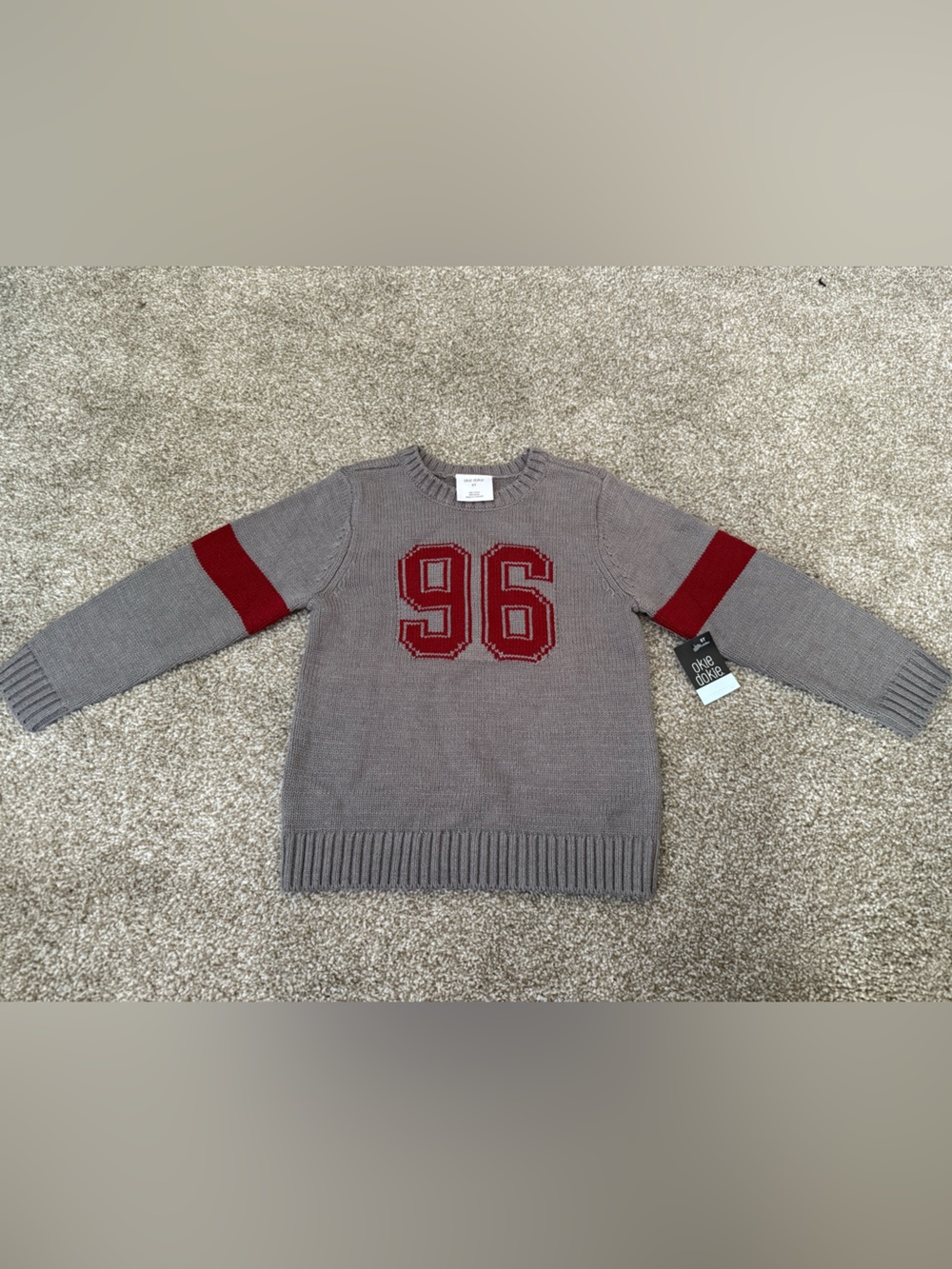 okie dokie Gray Sweater with Red '96 Front Applique and Red Sleeve Bands